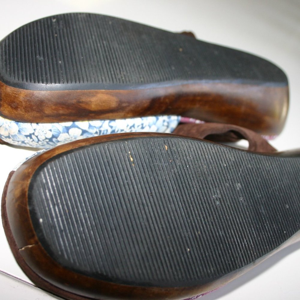 LUCKY PENNY Patchwork Clog Size 8 Wooden Platform/Walnut Stain*Fabric*Suede - Picture 11 of 13